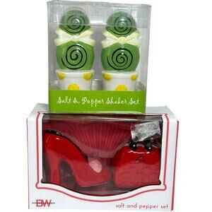 Lot of 2 Ceramic Salt Pepper Shakers Red Heel Shoe & Purse Topiary Polka Dot Pot